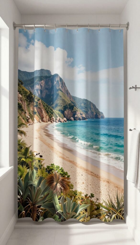 A custom photo shower curtain in a bright bathroom with natural light, displaying a vibrant family vacation image on water-resistant fabric, set against neutral decor for a personal touch.