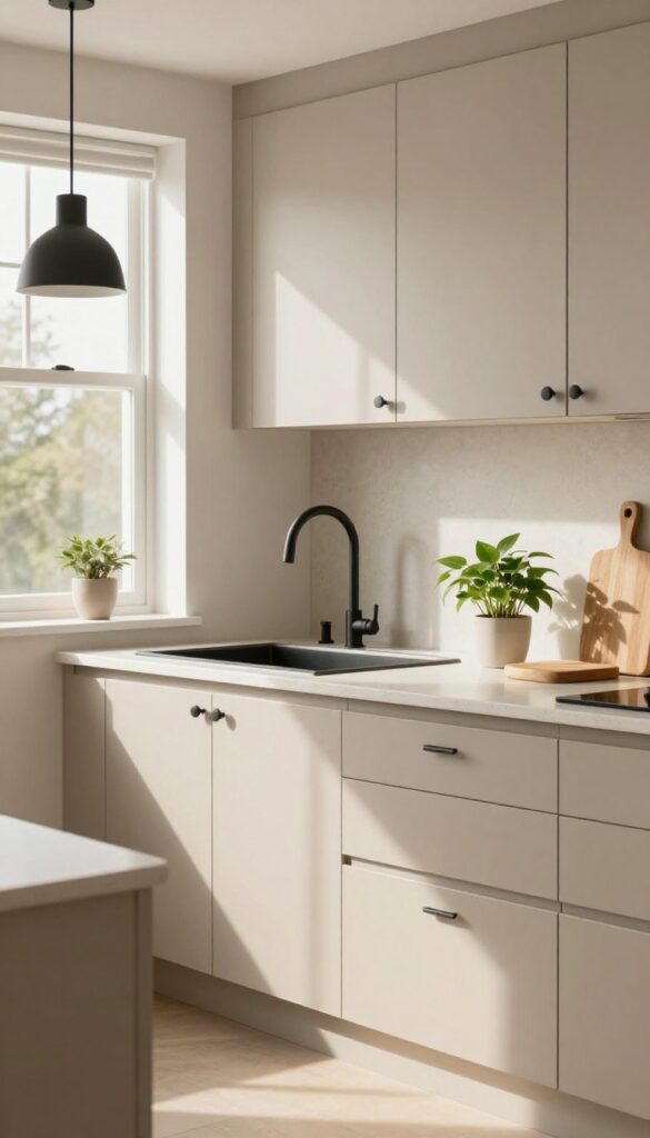 Taupe kitchen cabinets with cream countertops and black hardware, bright natural light