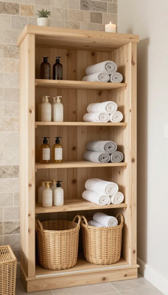 Rustic woven baskets on a wooden shelf in a farmhouse walk-in shower, storing toiletries with natural light and cozy decor elements.