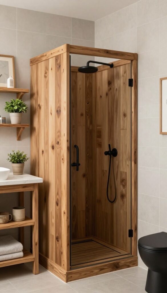 A rustic wooden shower with natural wood accents and modern fixtures in a bright, cozy bathroom