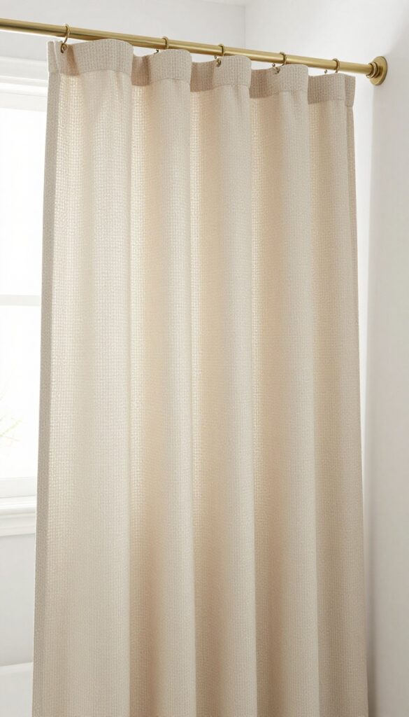 Double shower curtain with waffle-textured outer curtain and smooth white inner liner in a bright bathroom