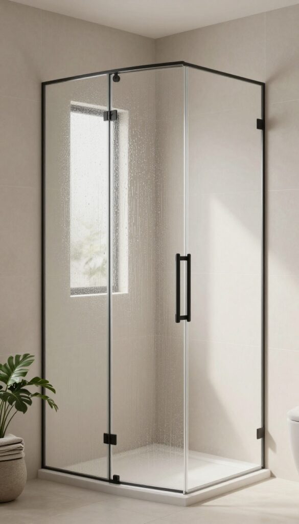 A textured glass shower door with a rain pattern in a modern bathroom, showcasing sleek design with matte black handles and natural light.