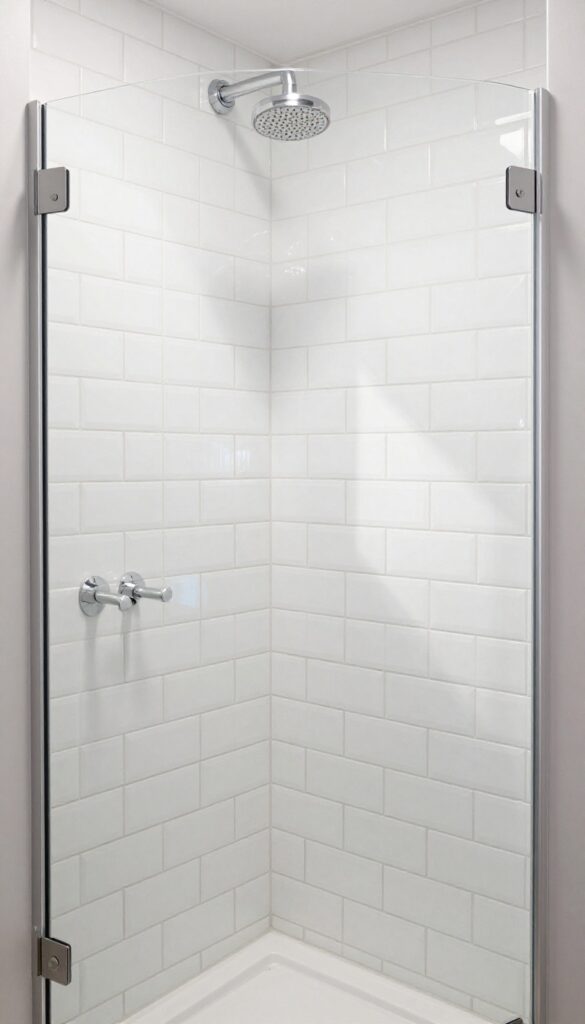 Close-up view of a shower stall with white subway tiles laid in a herringbone pattern and dark gray grout, highlighting modern design elements under natural light.