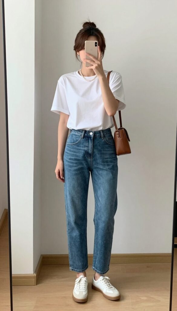 Woman in white tee and straight-leg jeans with pearl necklace taking a mirror selfie, casual elevated outfit.