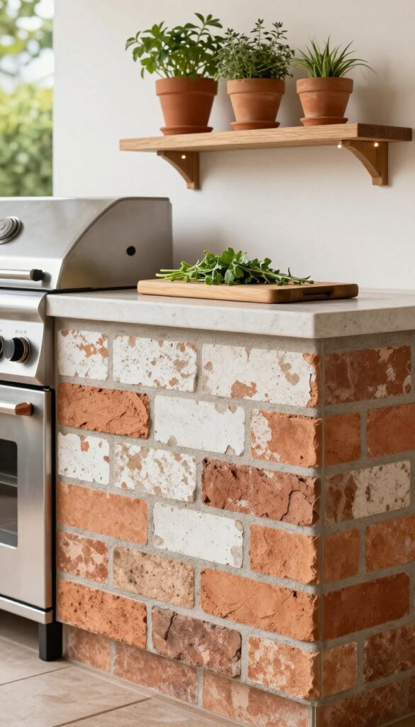 Outdoor kitchen with faux brick peel-and-stick tile backsplash, grill, herbs on counter, and floating shelf with string lights.