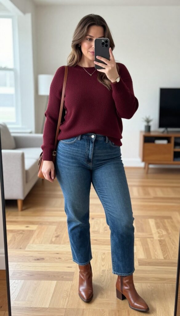 Plus-size woman in burgundy knit sweater and straight-leg jeans taking a mirror selfie, with brown boots and leather crossbody bag, in a bright living room.