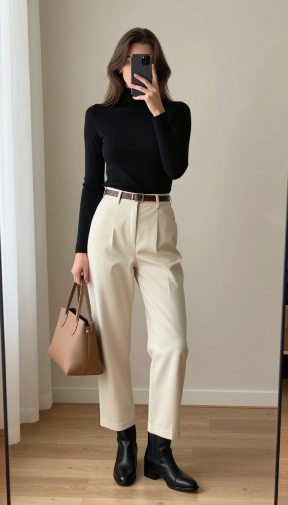 Model in fitted black turtleneck and high-waisted cream trousers taking a mirror selfie, showcasing a sleek casual business outfit.