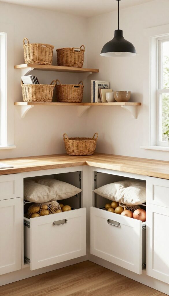L-shaped banquette with pull-out bins in a bright kitchen nook