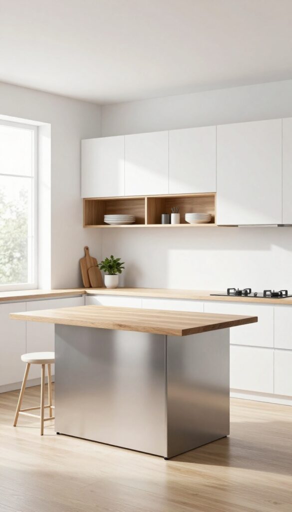 Modern open concept kitchen with open shelf, rolling island, and bar stools