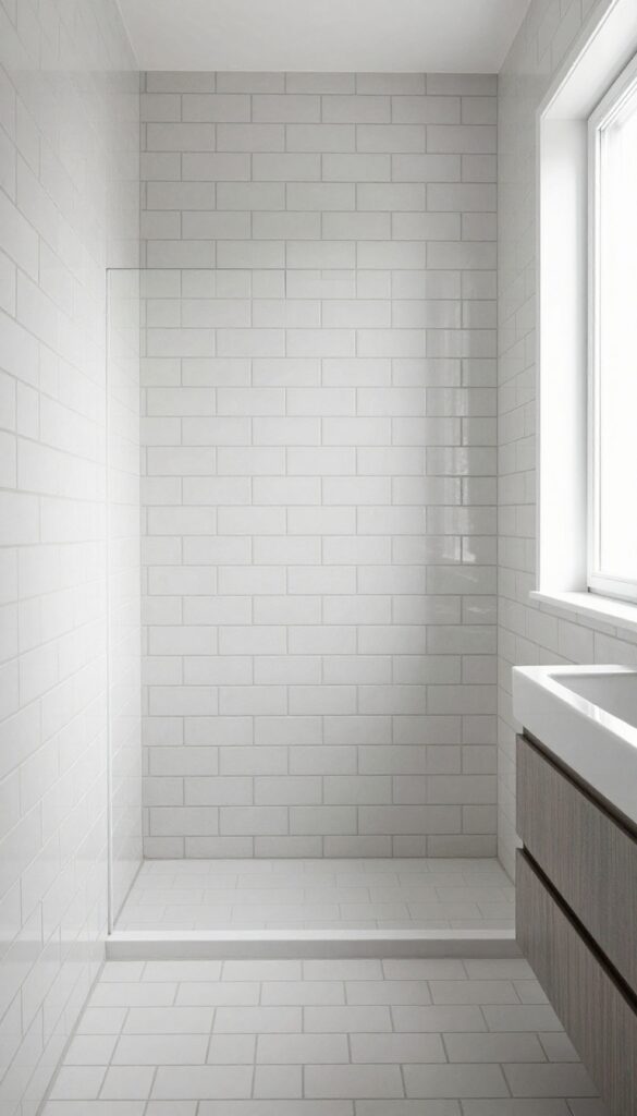 A narrow bathroom with horizontal subway tile patterns that visually widen the space, featuring bright natural light and clean design elements like a vanity and mirror.