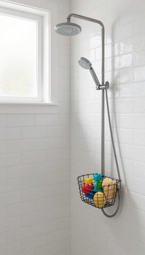 White brick tile shower with a hanging wire basket holding bath toys and a sponge