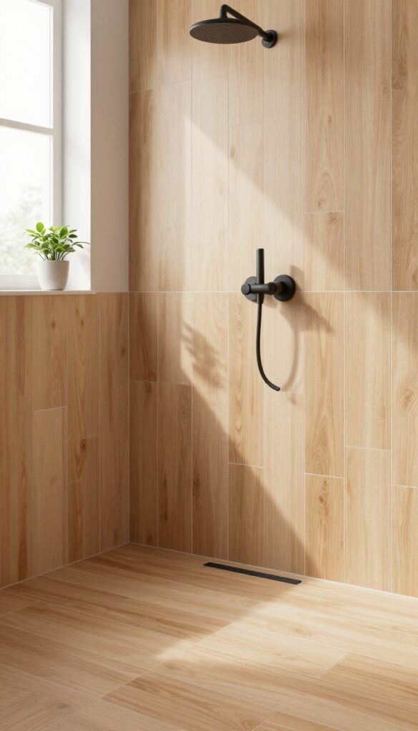 A cozy standing shower with wood-look tiles and natural light, showcasing durable and low-maintenance home decor inspiration.