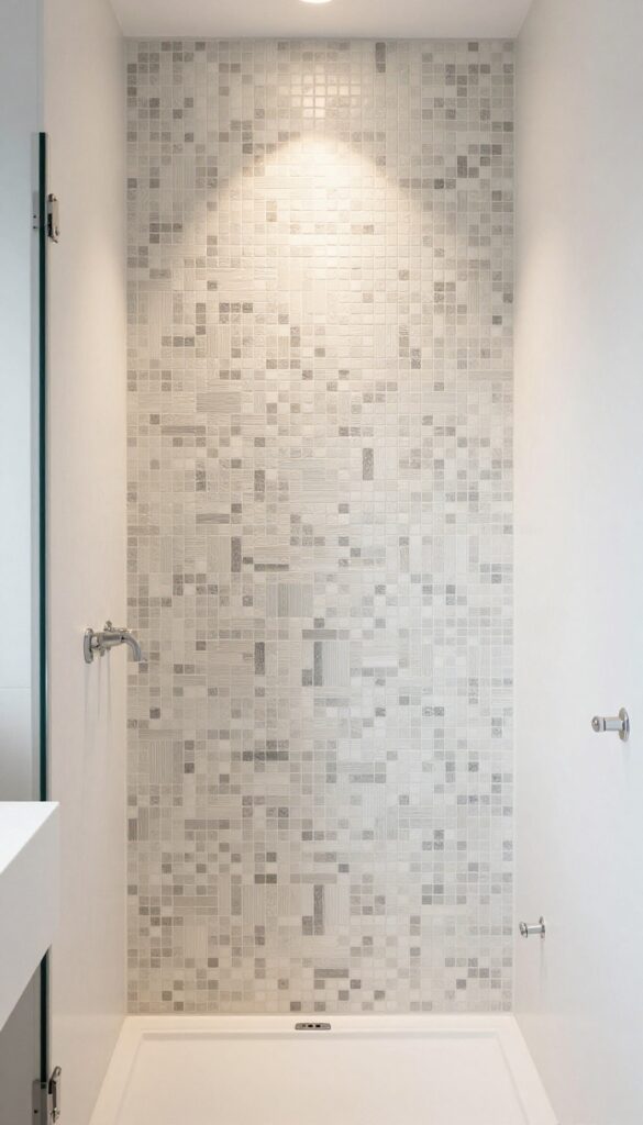 A master bathroom shower featuring bold geometric mosaic tiles in a statement pattern on an accent wall, with neutral fixtures and natural light highlighting the design for a high-end look