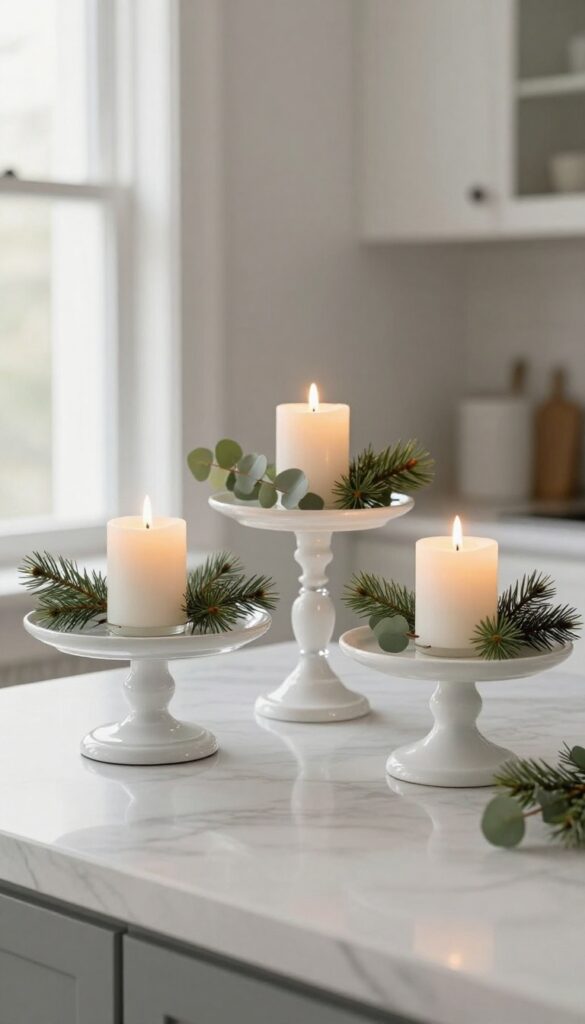 Kitchen island with cake stands and battery-operated candles decorated for Christmas