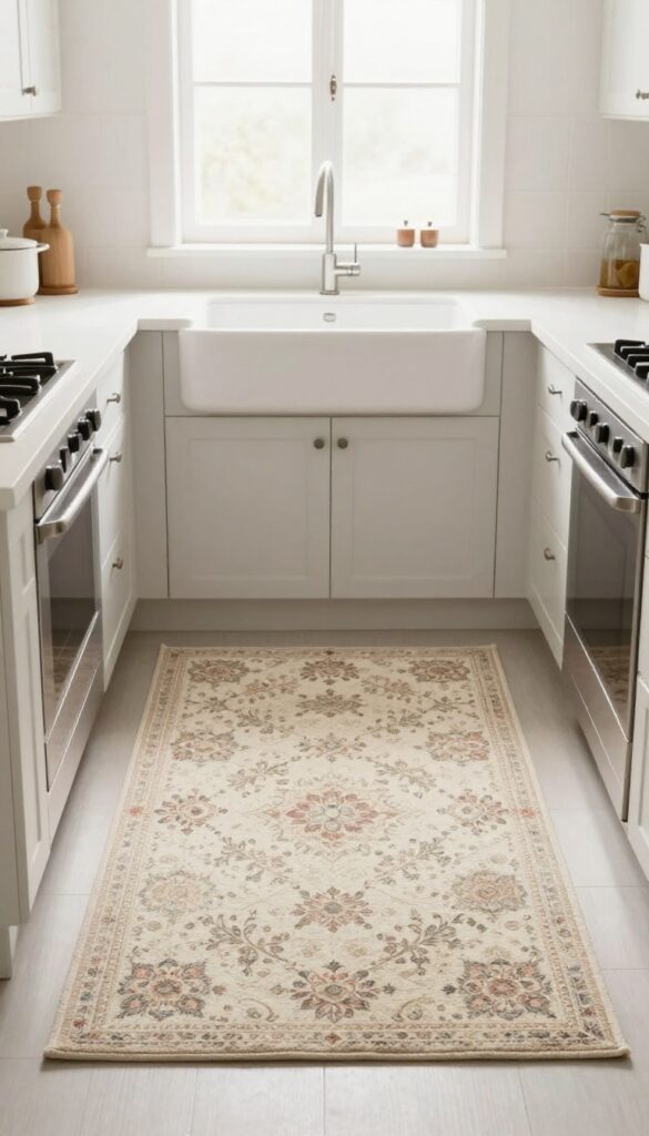 Vintage-inspired washable rug by kitchen sink