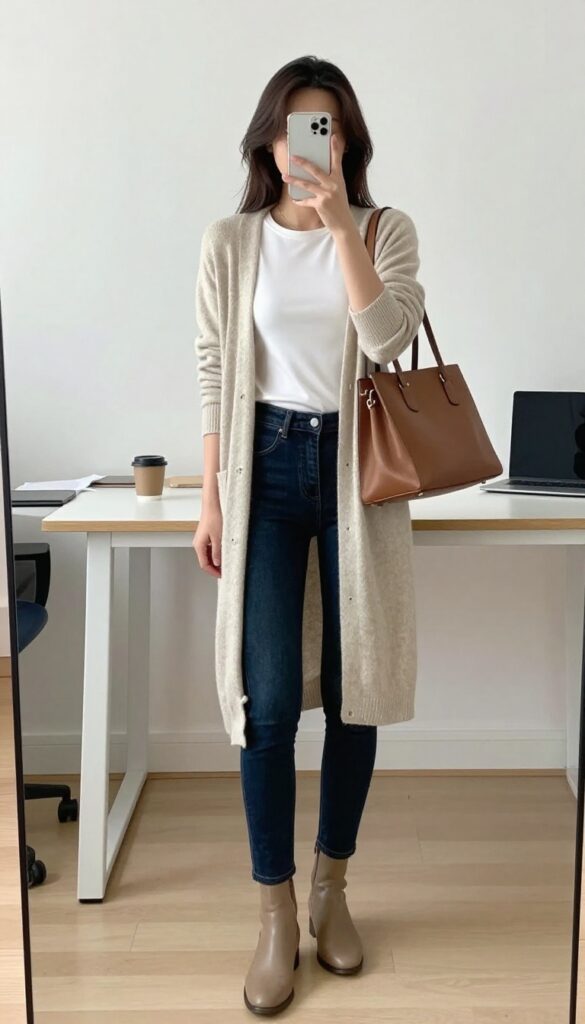 Woman in dark skinny jeans, fitted top, and longline cardigan taking a mirror selfie in a bright room.