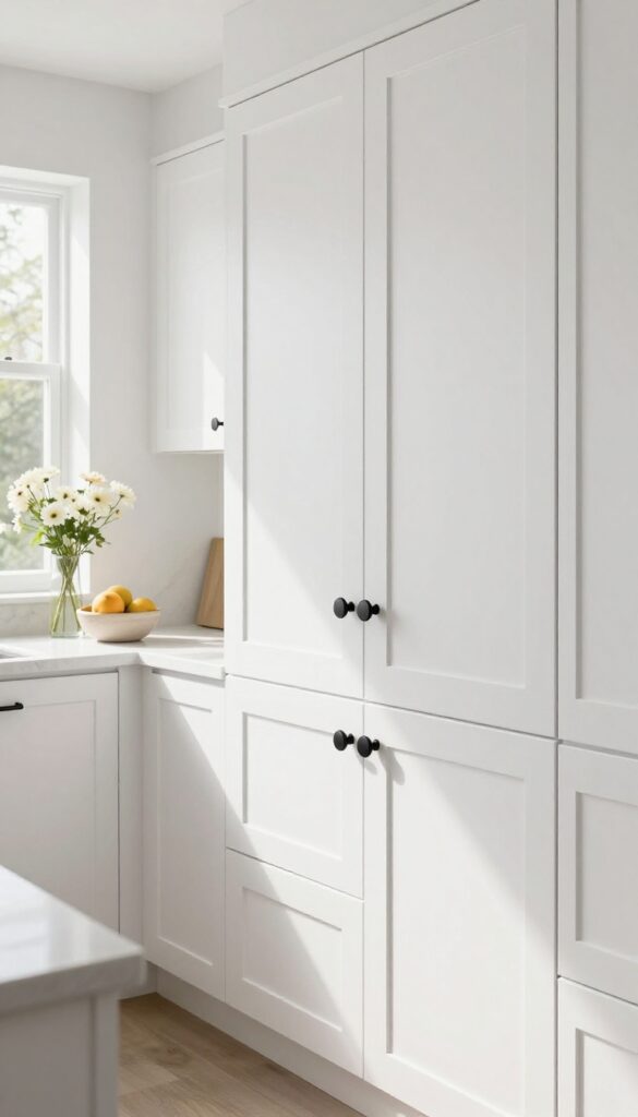 Bright kitchen with white cabinets and new matte black hardware, natural light, clean composition