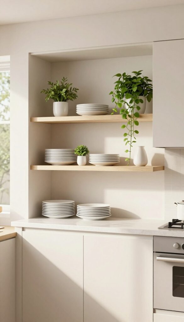 Open shelving on the back of a kitchen peninsula displaying dishes, cookbooks, and plants in a bright, airy open-concept home.