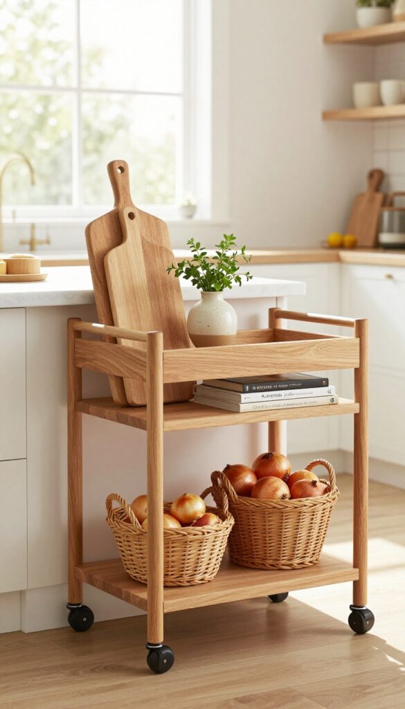 A wooden rolling cart in a bright kitchen with herbs, cookbooks, and a basket, adding extra prep space and storage.
