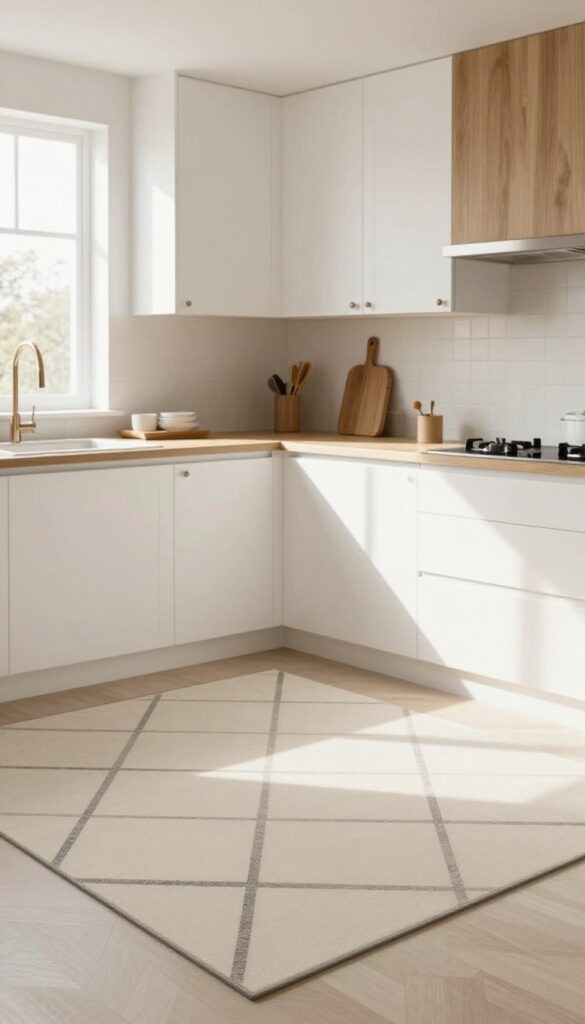 Bright kitchen with a painted diamond pattern floor that looks like a rug