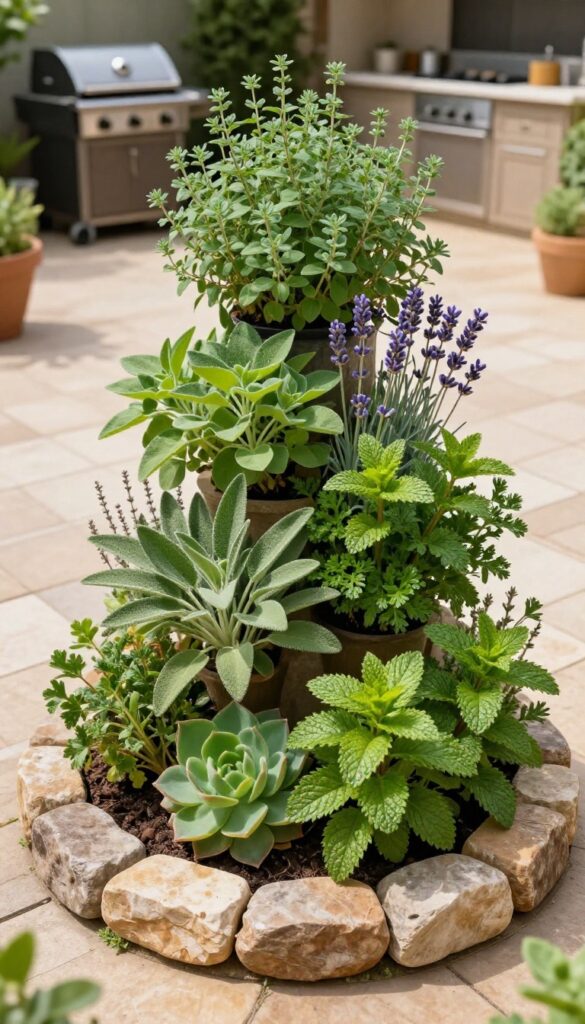 Stone herb spiral garden with layered herbs in a sunny backyard near an outdoor kitchen.