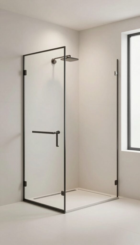 Modern bathroom with a walk-in shower and frameless glass panel in bright natural light.