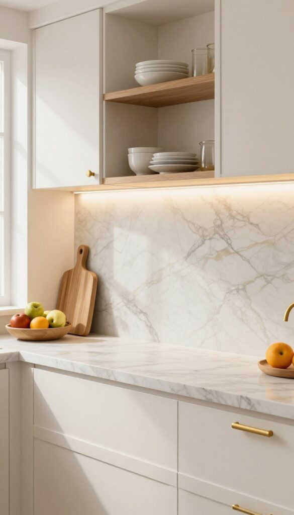 Modern kitchen with warm-toned marble backsplash, brass fixtures, and wooden accents.