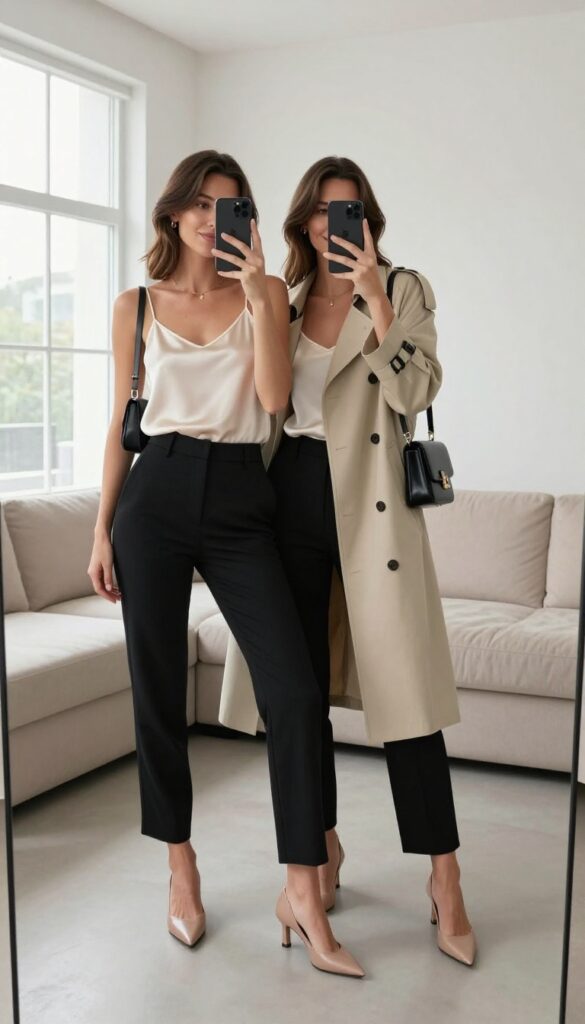 Woman in black pants and cream silk camisole with nude flats, taking a mirror selfie in a bright living room.