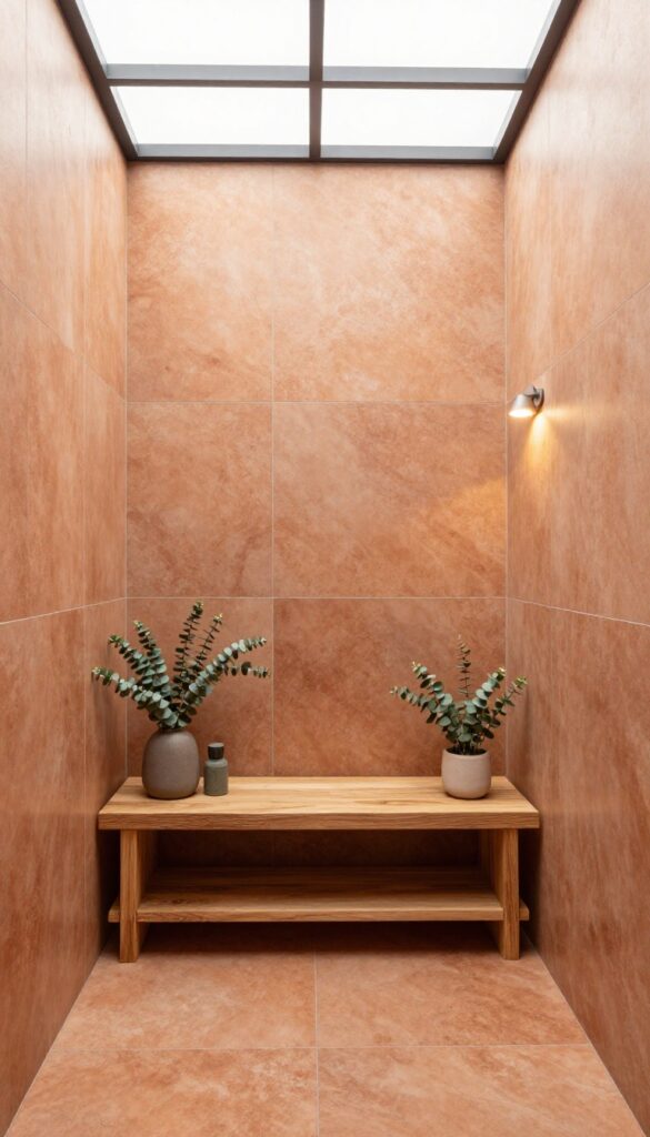 A photorealistic walk-in shower with warm terracotta tiles, natural wood accents, soft lighting, and greenery, creating a cozy earthy vibe in a bright bathroom setting.