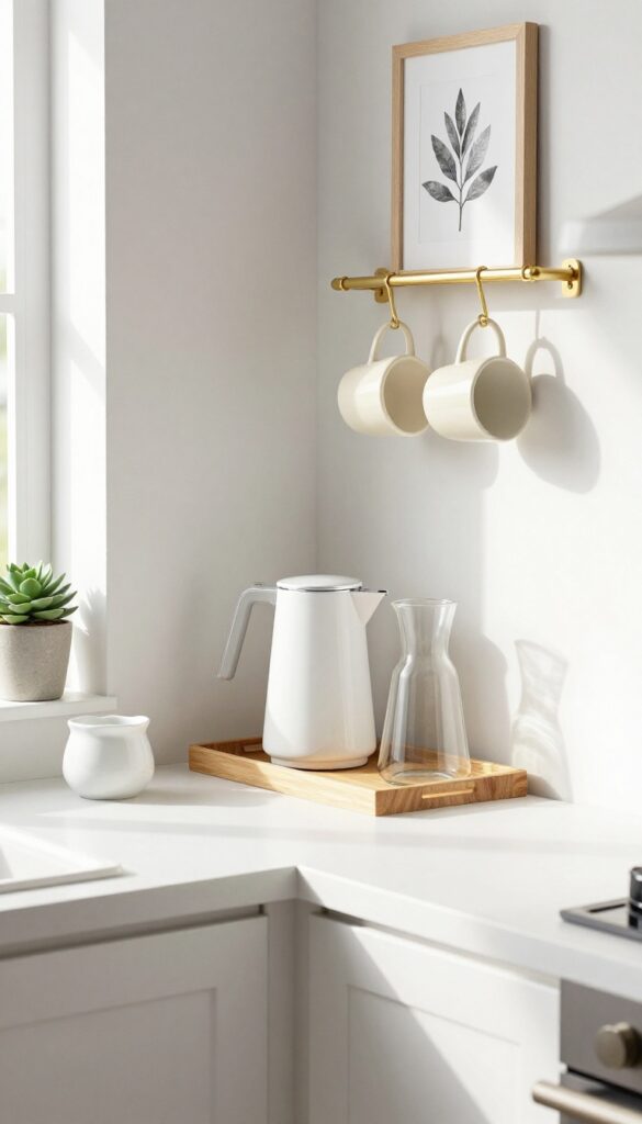 Kitchen corner coffee station with white console table, wooden tray, ceramic coffee maker, hanging mugs, succulent, and botanical art.