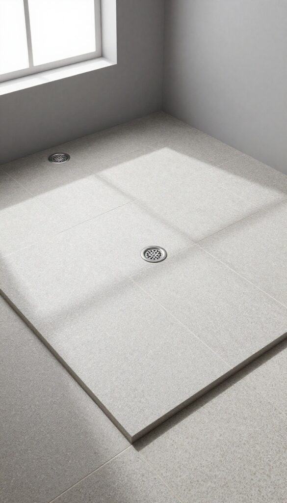 Close-up view of a textured gray stone shower floor with pebble tiles in a minimalist bathroom, emphasizing safety and design.
