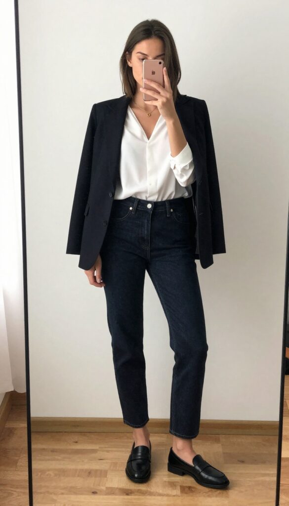 Woman in dark wash jeans and black structured blazer taking a mirror selfie for a casual Friday work outfit idea.
