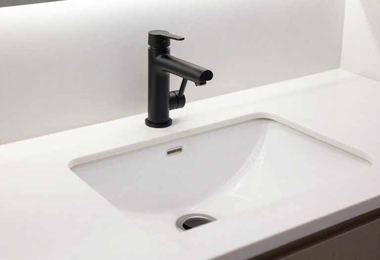 Modern bathroom with matte black faucet upgrade on white countertop in bright natural light