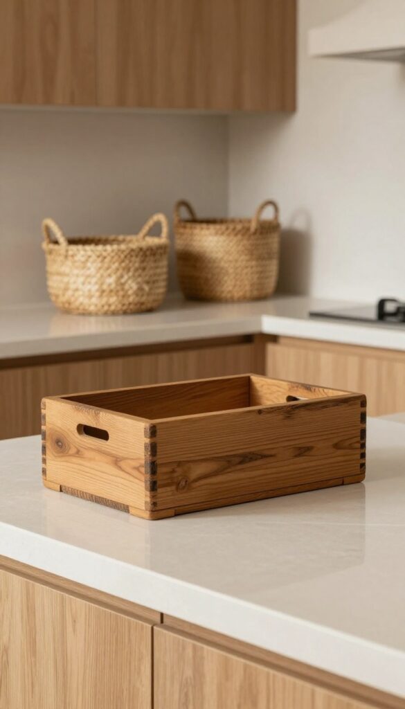 Rustic wooden bread box and woven baskets on a kitchen countertop