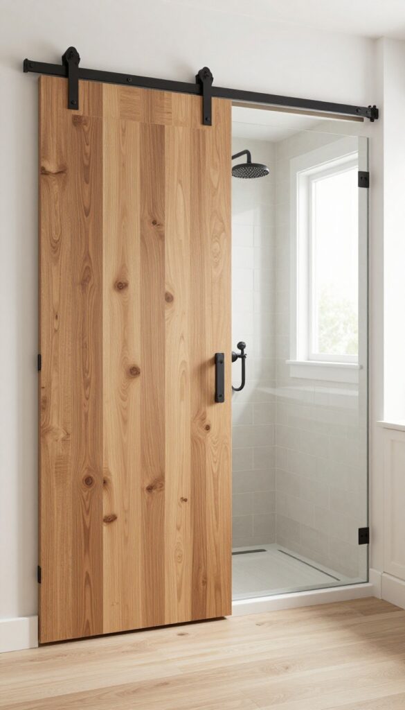 Sliding barn-style shower door in modern farmhouse bathroom