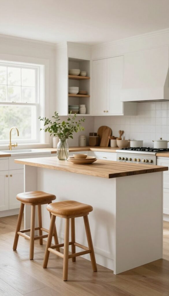 Kitchen peninsula with mixed seating: wooden stools and a camel leather cushioned bench in a bright, airy space.