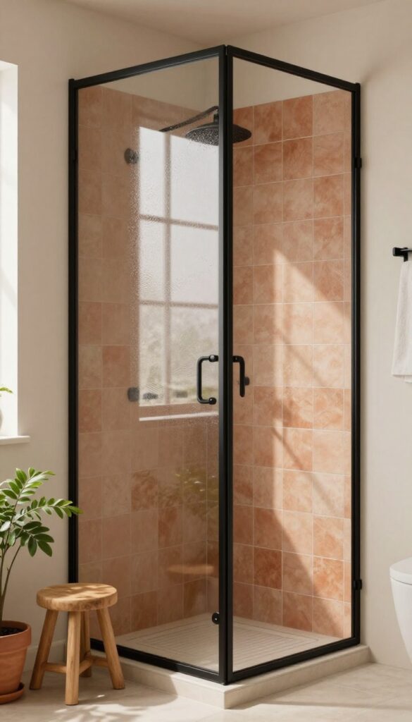 Black metal framed shower partition in a bright bathroom with earthy tiles and soft lighting