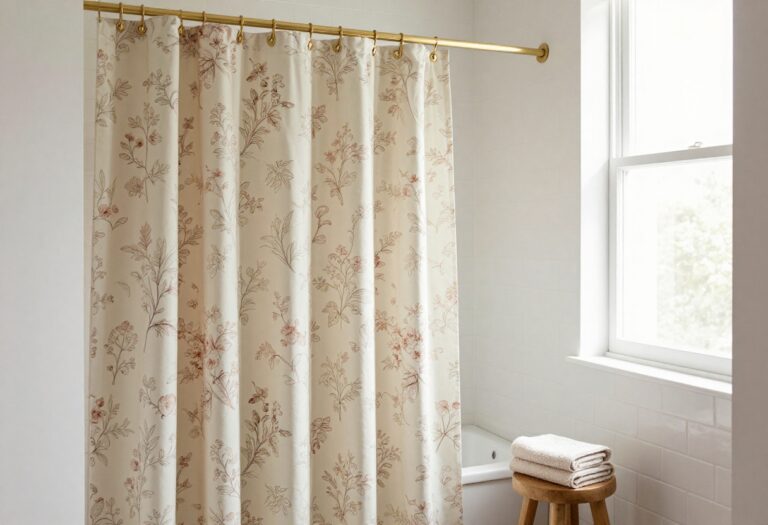 Cozy bathroom with vintage floral shower curtain and brass hooks