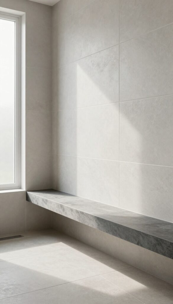 Modern walk-in shower with a full-length built-in stone bench along the wall, natural light, minimalist design.