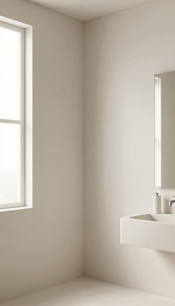 A photorealistic image of a bathroom featuring a curved half wall with a smooth microcement finish, set against straight fixtures under bright natural light.