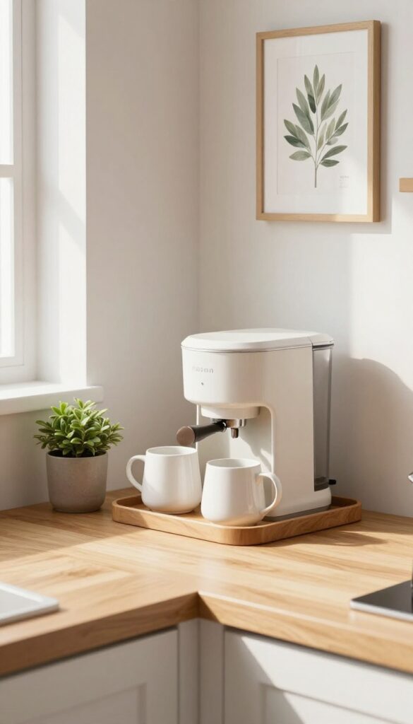 Cozy coffee station corner in a compact kitchen with tray, mugs, and plant.