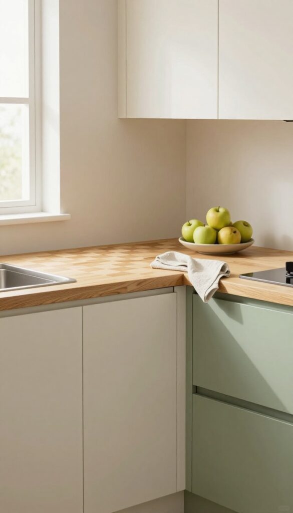 White oak end-grain butcher block countertop in a narrow galley kitchen with cream and sage green cabinetry, ceramic fruit bowl, and linen towel.