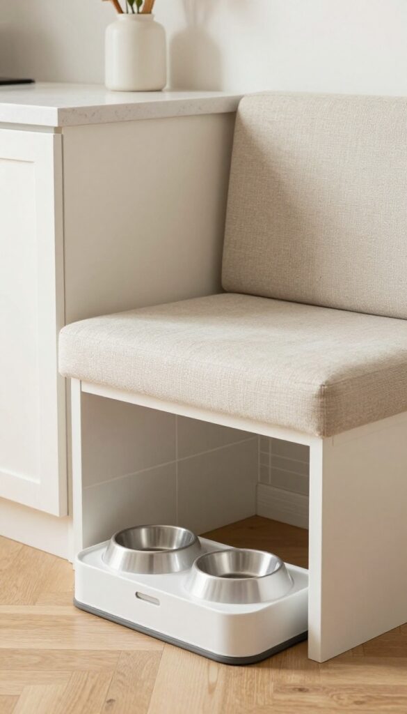 Kitchen banquette with built-in pet feeding station featuring a low nook for bowls and a pull-out drawer, bright natural light, photorealistic interior design