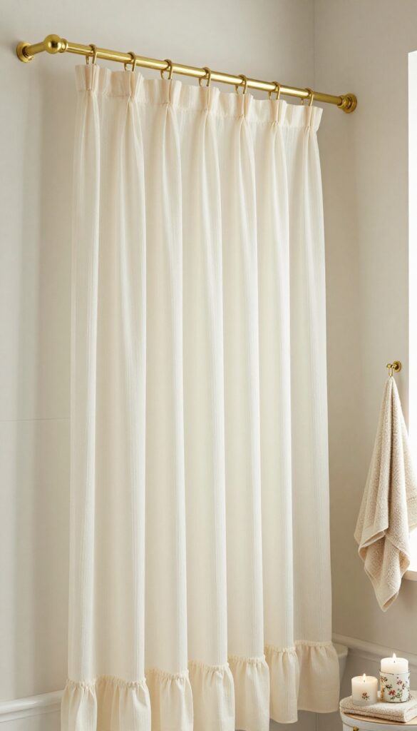 A tall shower curtain with ruffled or pleated details in a bright bathroom, showcasing vertical lines and soft texture to make the room feel taller and more inviting.
