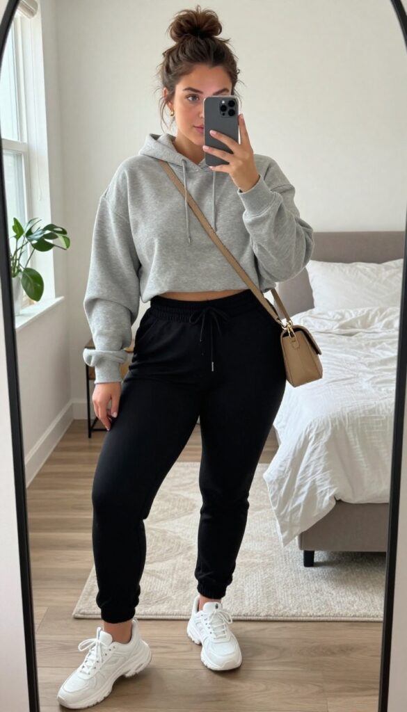 Plus-size woman in black joggers and cropped grey hoodie taking a mirror selfie, showcasing a casual sporty outfit.