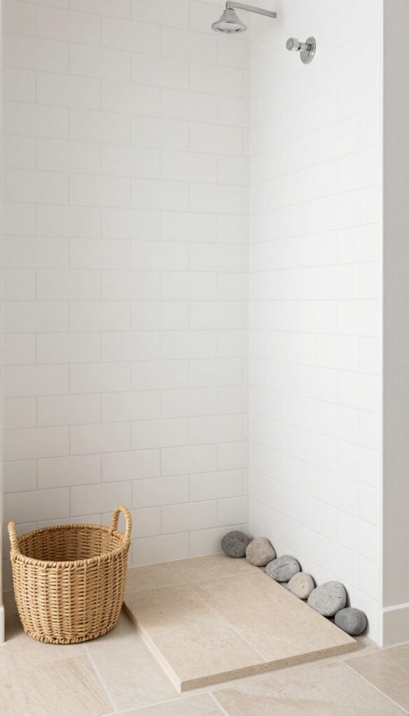 Farmhouse bathroom shower with neutral colors and textured accents like a stone mat and woven basket