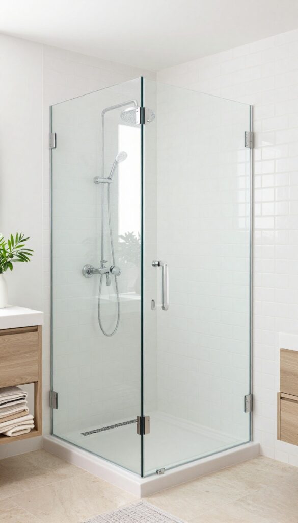 Double shower with glass partition instead of door in bright modern bathroom