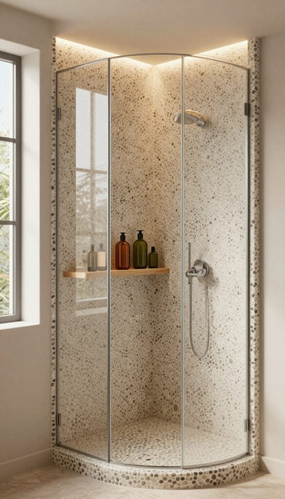 Pebble mosaic backsplash with built-in niche in shower