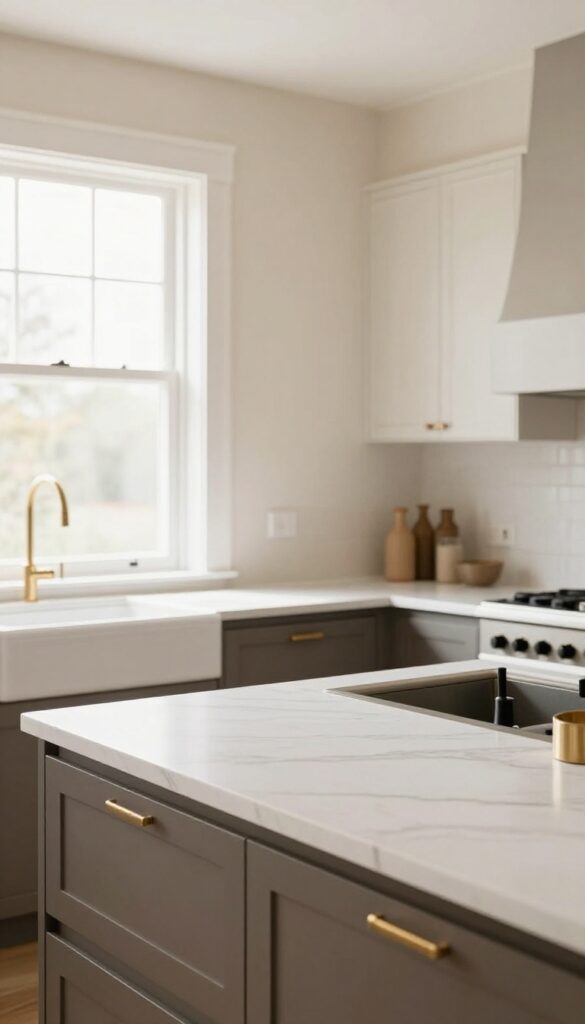 Warm beige walls and dark taupe kitchen island with brass hardware and butcher-block countertop