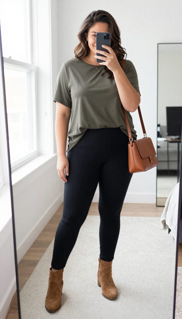 Plus-size woman in olive green tunic top and black leggings with ankle boots, taking a mirror selfie in a bright bedroom, showcasing a comfortable yet stylish fall outfit.